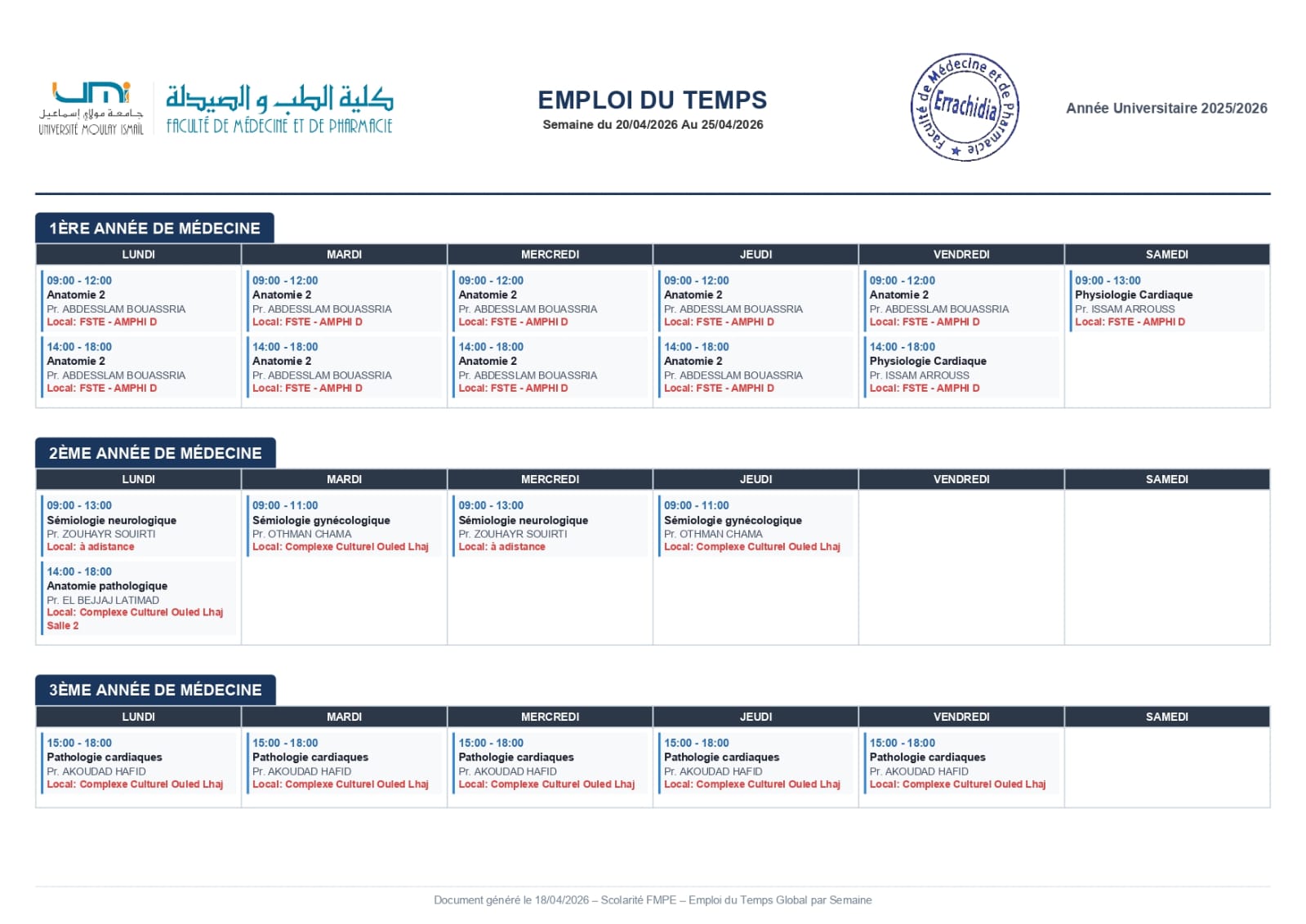 EMPLOI DU TEMPS - Semaine du 20/04/2026 Au 25/04/2026
