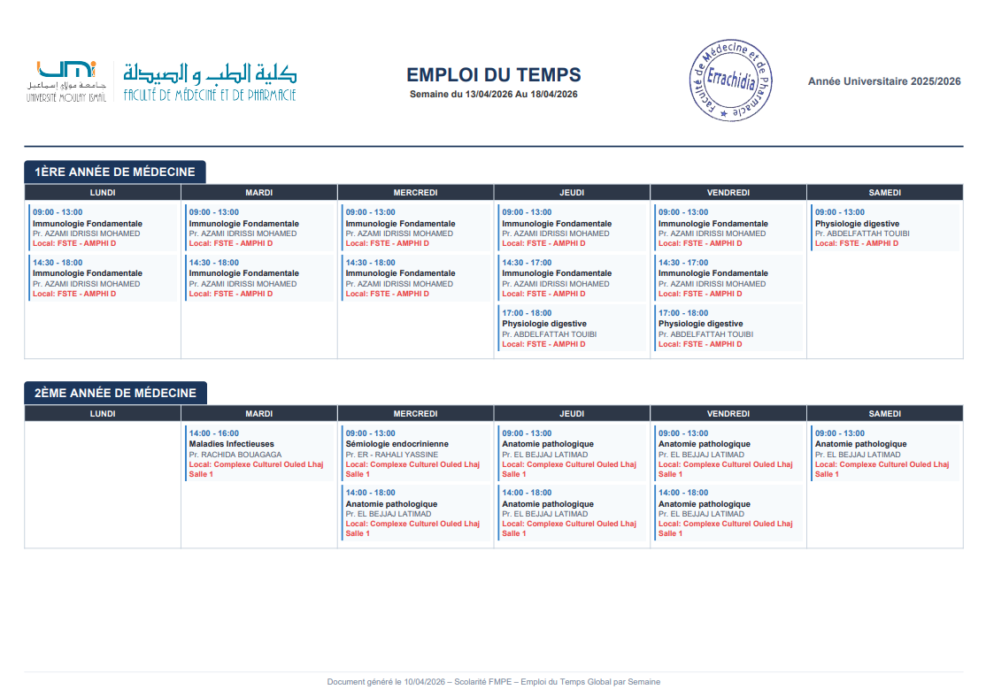 EMPLOI DU TEMPS - Semaine du 13/04/2026 Au 18/04/2026