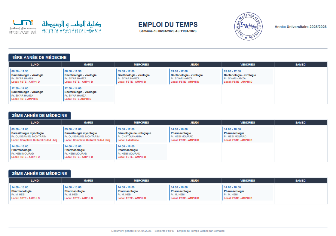 EMPLOI DU TEMPS - Semaine du 06/04/2026 Au 11/04/2026